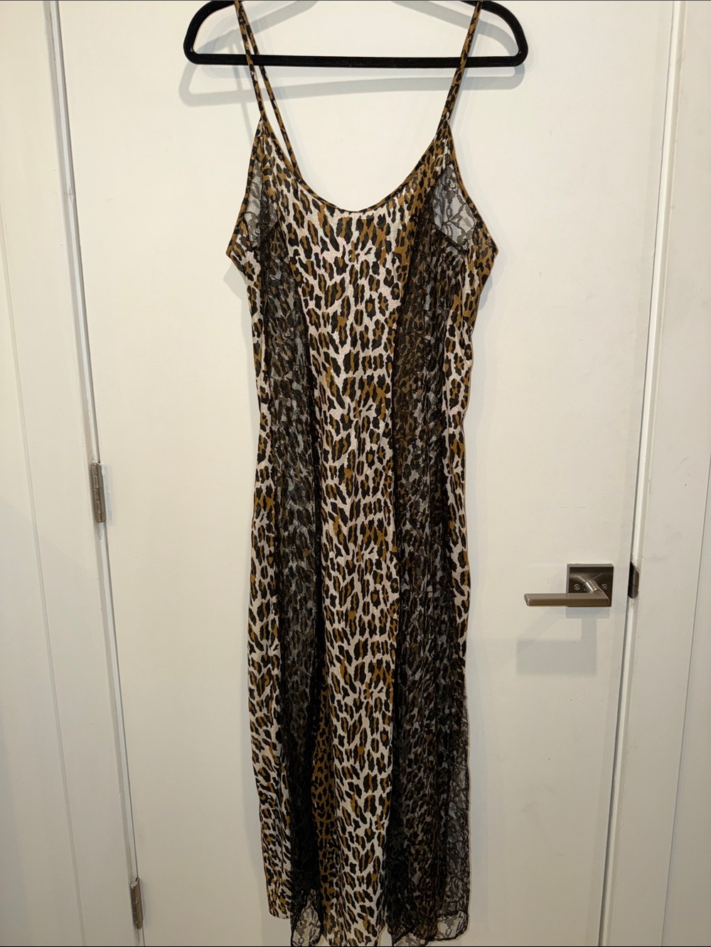 Vintage Leopard Print With Black Lace Long Nightgown, Sz XL
